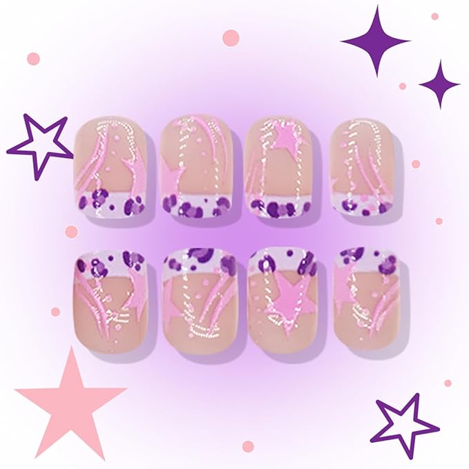 Extra Short Press on Nails Square Fake Nails Leopard French Tip False Nails Press ons with Pink Star Designs Acrylic Nails Full Cover Glue on Nails Artificial Stick on Nails for Women Manicure 24Pcs