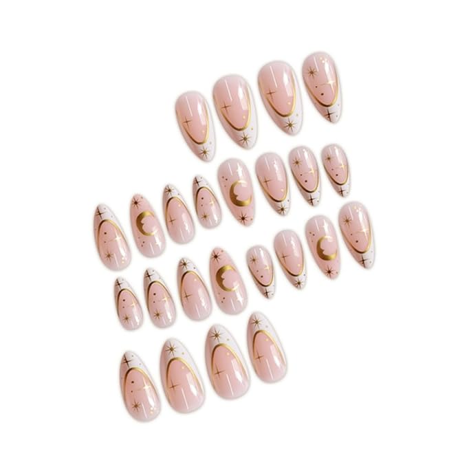 Medium Press on Nails Almond Fake Nails French False Nails Artificial Nails Stick on Nails for Women 24pcs