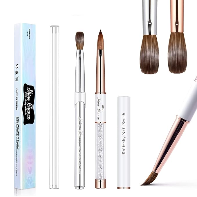 2Pcs Acrylic Nail Art Brushes Size 8, 100% Pure Kolinsky Hair Oval Nail Brush for Acrylic Application, Professional Nail Extension Manicure Tool Striping Nail Drawing Pen for Home Salon