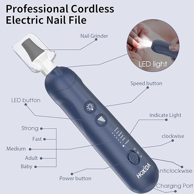 Cordless Electric Nail File Set, Rechargeable Pedicure Tools for feet, Professional Manicure Pedicure Kit 5 Speeds Hand Foot Care Nail Drill for Thick Nail Toenail Cuticle Women Men Pets, Blue