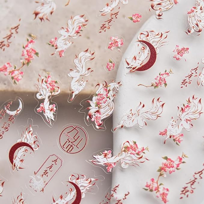 Embossed Nine-Tailed Fox Spirit Nail Art Stickers, Foxes and Blossom Design, White and Pink, Decorative Nail Decals (Nine-Tailed Fox)