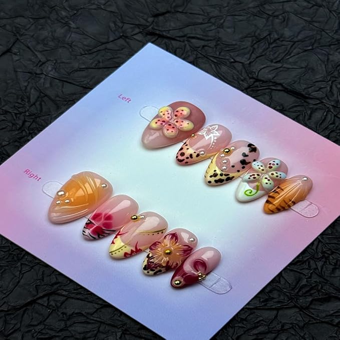 100% Handmade Press on Nails Medium Almond Handmade Nails with Yellow Flower Design Pearl Rhinestones Fake Nails Glossy Ombre Nail Press ons Reusable Spring Summer Acrylic Nails for Women Size L 10Pcs