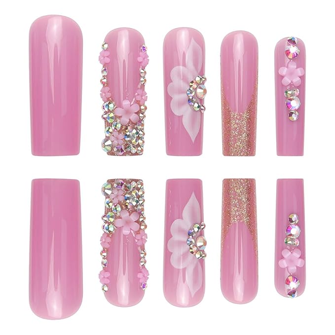 Long Square Press on Nails French Tip Fake Nails Pink False Nails with Flower Designs Glue on Nail Glitter Glossy Rhinestone Acrylic Nails Full Cover Artificial Nail for Women Manicure 24Pcs