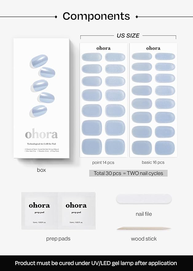 ohora Semi Cured Gel Nail Strips (N Light Blue Chrome) - Works with Any Lamps, Salon-Quality, Long Lasting, Easy to Apply & Remove - Includes 2 Prep Pads, Nail File & Wooden Stick