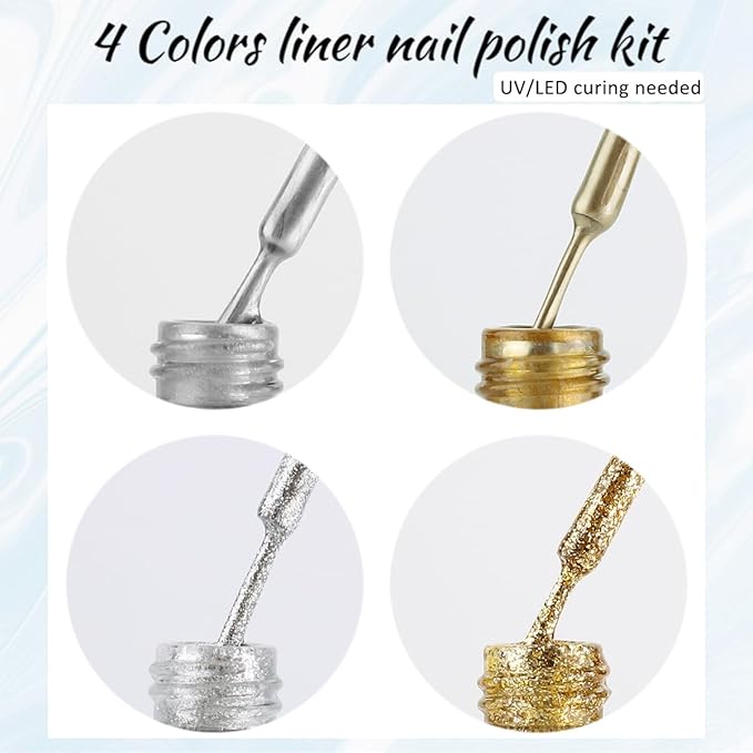 Gold And Silver Gel Nail Polish 4PCS Metallic Liner Nail Art Polish Mirror Chrome Effect Metal Paint French Tips Wave Flower Dotting Drawing Nail Polish With Thin Brush