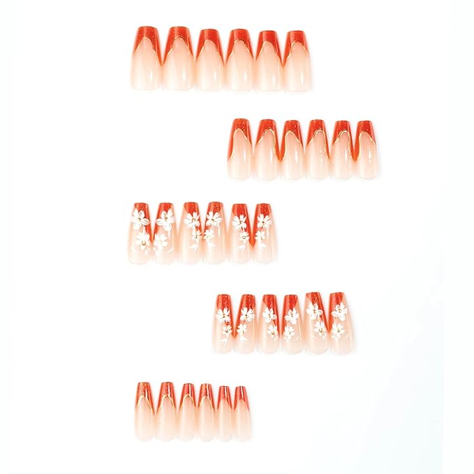 Square Press on Nails Long Fake Nails Red Artificial Nail Seeneey Floral Designs French Stick on Nail for Women 24pcs