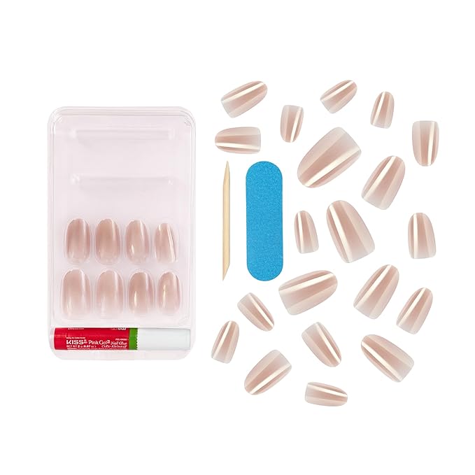 KISS Gel Fantasy 28 Pcs Press On Nails, Medium Oval Fake Nails, Pink Nude Chrome Stick On Extensions, Reusable Full Cover Kit with Glue, Manicure Stick & File, Wear for 7 Days, Vegan & Cruelty Free