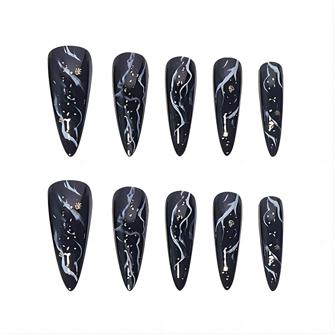 Black Marble Nails Press Ons Long Alomnd Tip Press on Nails Black Marble Design Fake Nails Full Cover Gel False Nails Kit for Womens 24pcs
