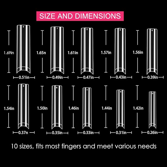No C Curve Square Flat Nail Tips,SWETIDY 500Pcs XXL Extra Long Acrylic Clear Straight Tapered,Half Cover French Fake Nails for Nail Salon and DIY Nail Art 10 Sizes