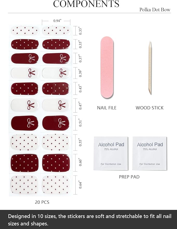 Semi Cured Gel Nail Strips (Polka Dot Bow), Valentine's Day, 20 Pcs Gel Nail Wraps, Stickers, Works with Any UV Lamps