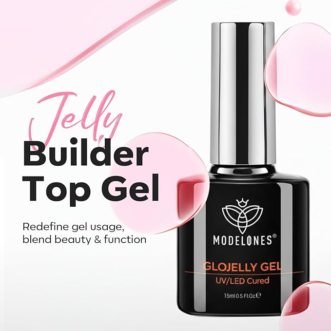 modelones Builder Nail Gel Top Coat, 15 ML No Wipe Ultra Gloss Jelly Pink Gel Polish Apex Building Nails Strengthening Extension Sheer Blush Color Nail Art Long Lasting Soak Off U V Manicure Gift