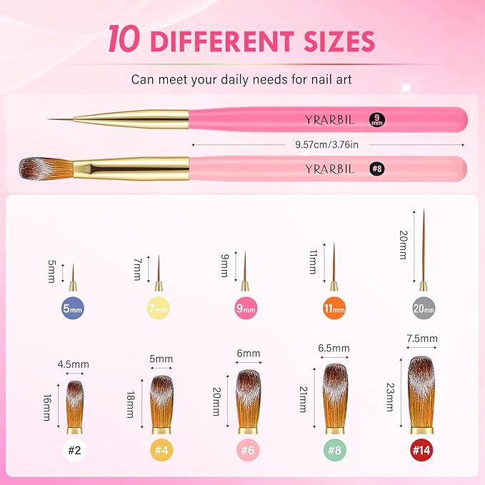 5PCS Nail Art Liner Brushes and 5PCS Acrylic Nail Brushes Set for Gel Polish Painting Art Design, Thin Long Lines, 3D Carving, Nail Extensions and Acrylic Powder Application