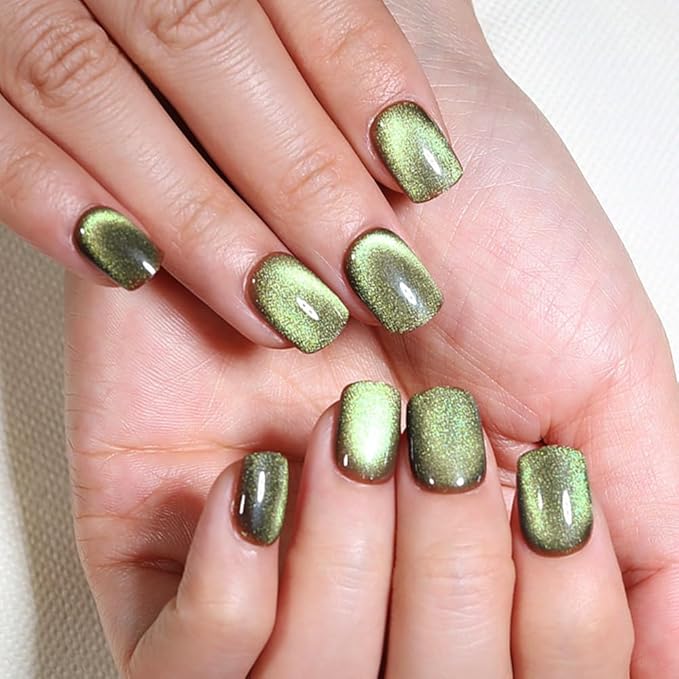 evpct Light Green Cat Eye Extra Short Press on Nails Square, Petite Short Square Stick on Nails for Women Gift, Light Green Metallic Glitter Glossy Reusable Gel Press on Acrylic Fake Nail with Designs