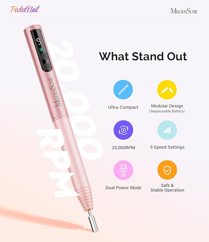 MelodySusie PocketNail Pen-Shaped Cordless Modular Nail Drill, Extended Kit, PC100GR 20000RPM Slim Portable Rechargeable Electric File for Nail Care & Gel Removal at Home for Beginners, Pleasing Pink