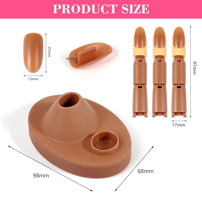 Practice Fingers Hand Acrylic Nails: 3PCS Fake Fingers to Practice Fake Nails - Manicure Acrylic Nail Hands Training Set with Base and 100PCS Brown Nail Tips for Nail Supplies