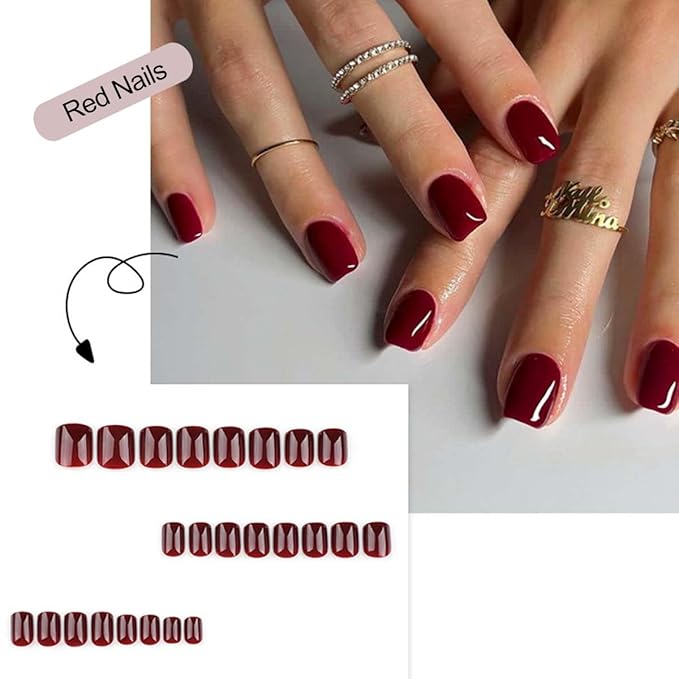 Dark Red Press on Nails Short Square Fake Nails Solid Color False Nails Press ons,Reusable Artificial Nails with Jelly Adhesive Tabs,Glossy Full Cover Stick on Nails for Women Manicure 24 Pcs