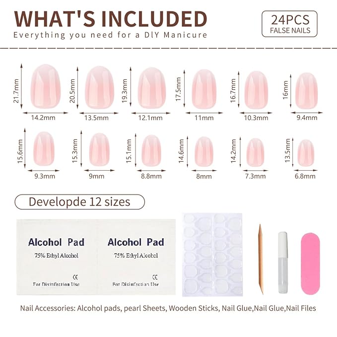 Oval Press On Nails Short – 24PCS French Ombre Pink White Fake Nails, Glossy Acrylic Stick On Nails with Nail Glue Kit, Natural Looking Reusable False Nails for Women & Girls