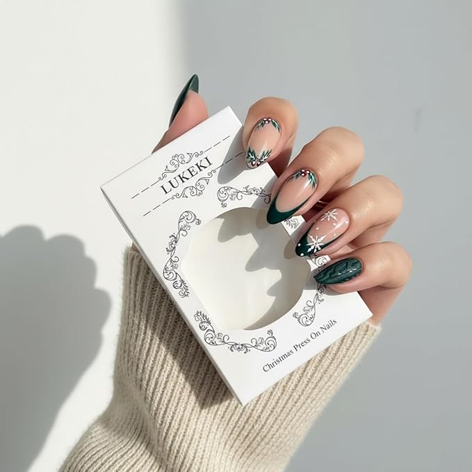 Press On Nails Almond Christmas, French Tip Press on Nails Short, Glue On Nails for Women Gift, Supremely Fit Natural Reusable Stick On Nails in 12 Sizes -24 Fake Nails Kit, French Dark Green