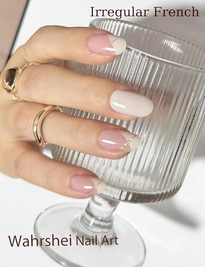 Semi Cured Gel Nail Strips, Irregular French, Beige 20pcs Gel Nails Sticker UV for Home Nails DIY