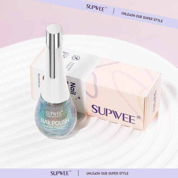 Glitter Nail Polish Quick Dry Finger Nail Polish Non Gel High Glossy Shiny Shimmer Nails Laquer Oil-based Holo Fingernail Air Dry Fast Manicure Gift For Women Girls 16ml, 0.54fl oz
