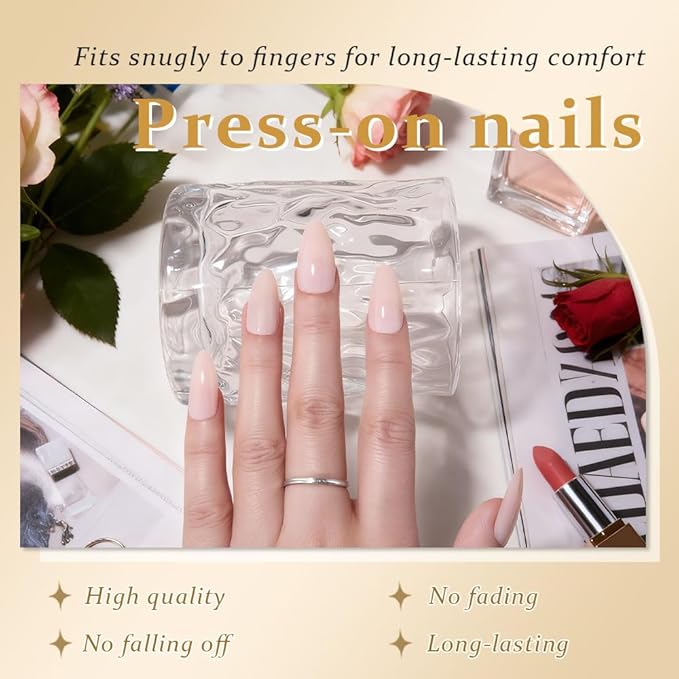 evpct Light Nude Pink Glossy Press on Nails Medium Almond for Women Gift, Glossy Soft Gel Fake Nail Salon Quality with Nail Kit Set Kit, Full Cover Reusable Stick on Acrylic False Nails Perfectly Fit
