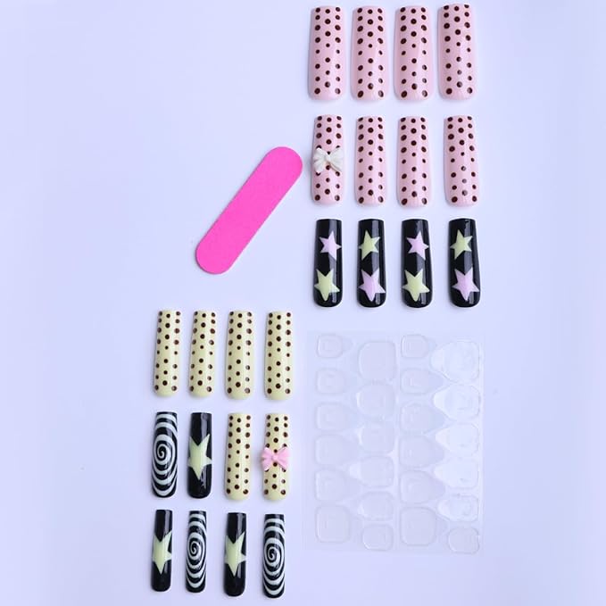 Polka Dot Press on Nails Long Square Fake Nails 3D Bow Star Twist Design Full Cover Glossy Glue on Nails for Women 24PCS