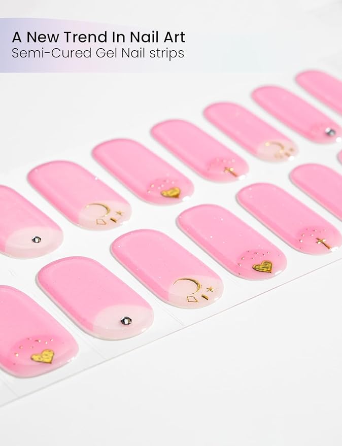 Semi Cured Gel Nail Strips | Built-In Gel Top Coat | UV Light Required | Salon Quality, Easy Application And Removal (Pink Elegance）