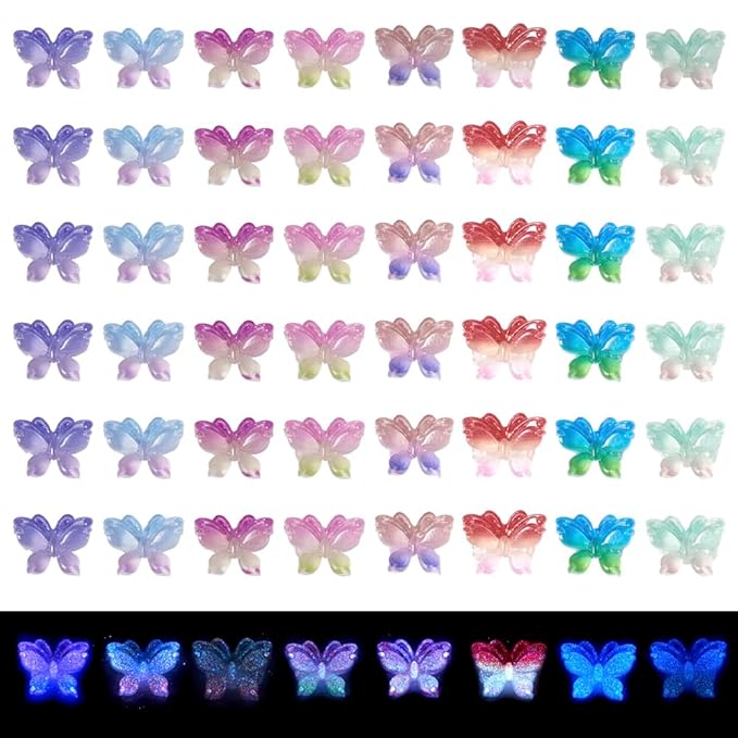 KISSITTY 120Pcs Glow in The Dark 3D Butterfly Resin Cabochons for Nail Art Butterfly Nail Charms Mixed Color Luminous DIY Craft Decorations
