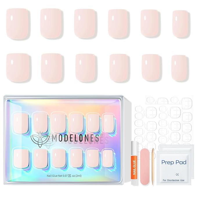 Modelones Whisper Pink Press on Nails, Spring Short Square Fake Nails, Reusable Nail Kit with Nail Glue Adhesive Tabs Mini Nail File, Nails Press Ons 32Pcs16 Sizes, Women Girl Gift