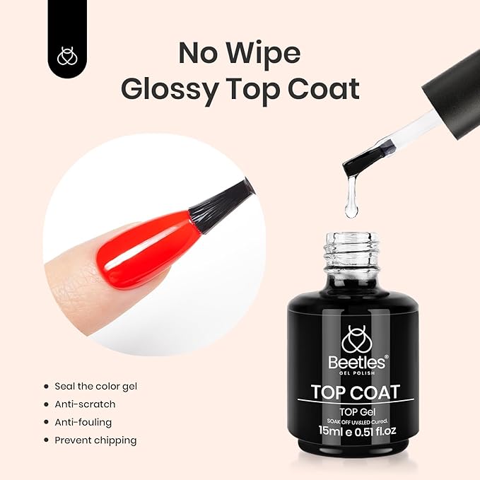 Beetles Matte Gel Top Coat No Wipe Glossy Top Coat Set 2Pcs 15ml, Shiny Long-Lasting Clear Gel Nail Polish, Soak Off UV LED Nail Lamp, Home DIY Manicure Salon Gifts for Women