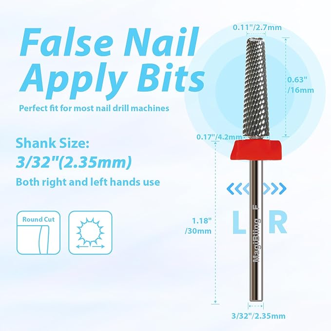 16mm Long Tapered Barrel Nail Drill Bit, 3/32” Safety Tungsten Carbide E-File Bit for False Nail Application, Press-On Tip Apply Nail Extension, Gel & Acrylic Removal, Two-Way Rotation, Fine.