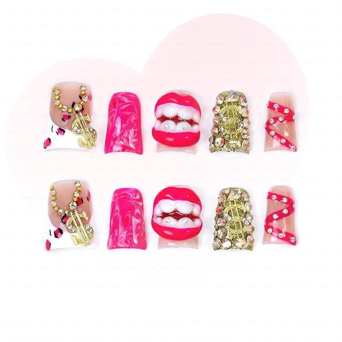 10 Pieces Luxury Acrylic Press On Nails Short Handmade Duck Nails, Pink Thickened False French Nails, Exaggerated Red Lips And The Dollar Sign, Reusable Fake Nails, Acrylic Nails (L)