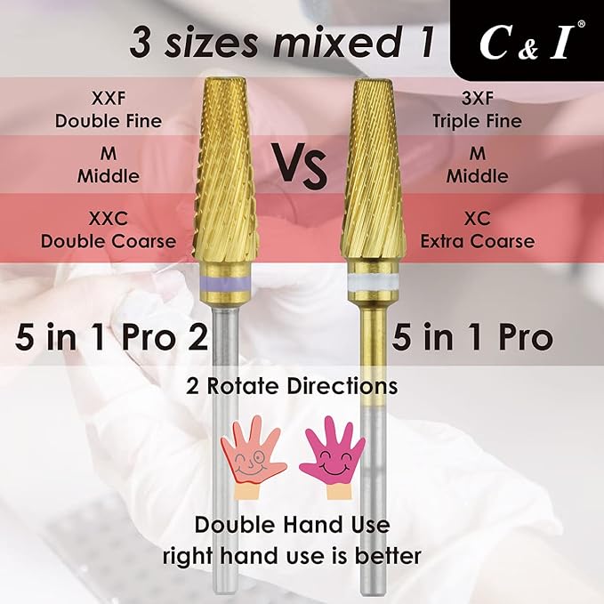C & I 5 in 1 Nail Drill Bit, Mixed Sizes Edition, Cross Teeth, 2 Way, Professional Multi-function Nail Drills for Electric Manicure Drill Machine, Shank 3/32” (Pro)