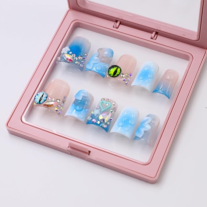 Handmade Nails Thick Press on Nails Medium Duck Nails Blue Fake Nails with Gem Design Reusable Acrylic Nails with Glue 3D Flower Art Nature Stick on Nail Luxury False Nails for Wome (Size M)