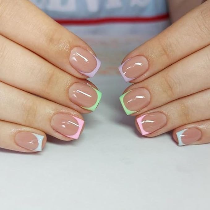 Press on Nails Square Short Short Fake Nails Press ons Multicolor French Nail Tips Artificial Acrylic Kit Full Cover False Nails with Glossy Design Stick on Nails for Women 24Pcs