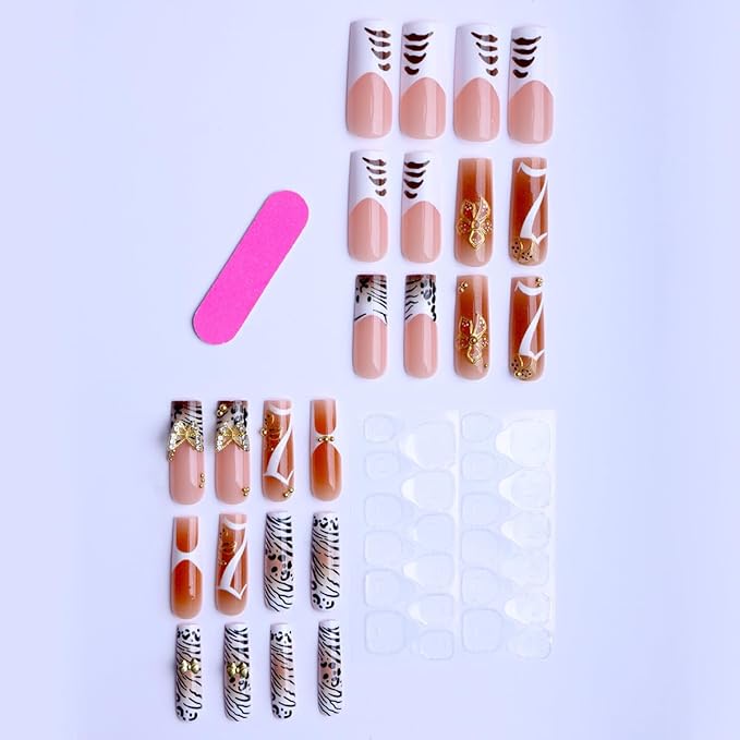 Long Square Press on Nails,Handmade Acrylic Press on Nails with Designs，Long Press on Nail for Women 24pcs