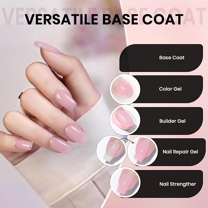 RARJSM Nude Sheer Candy Pink Fiber Glass Rubber Base Gel Nail Polish for Repair Broken Nails StrengthenerGel Base Coat Transparent Brush on Building Gel in a Bottle Soak Off Curing Requires 15ml