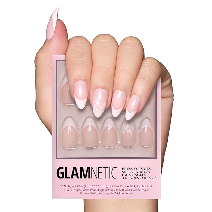 Valentines Day Glamnetic Press On Nails - All Time Love | Glossy, Semi-Transparent, Short Almond French Tip Nails with Leaf Accents, Salon Quality | 15 Sizes - 30 Nail Kit with Glue