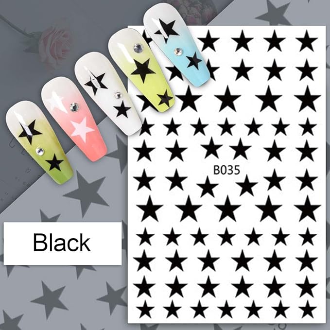 Star Nail Stickers 8 Sheets - Includes Holographic & Aurora Colors, Assorted Shades (Red, Black, Gold, Silver), Self-Adhesive Nail Decals for Women DIY Manicure