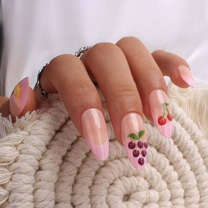 evpct French Tip Press on Nails Medium Almond, Nude + Pink Tips, 3D Fake Nails Kit with 3D Fruits Designs, Berry & Strawberry & Orange & Grape, Stick on Nails with Nail Kit, Reusable Stick on Nail Kit