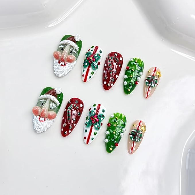 Christmas Press on Nails Medium Almond Handmade Nails with Glue,Green ＆ Red Fake Nails Cute 3D Santa Claus Designs Muti-Layer Gel Handmade Acrylic Full Cover Thick False Nails for Women (Size S)