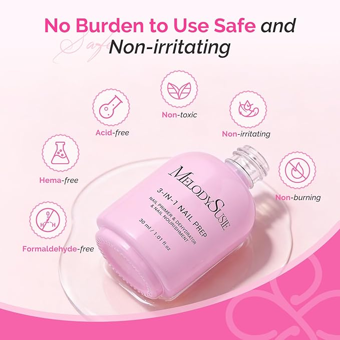 MelodySusie 30ML Nail Dehydrator and Primer, 3-in-1 HEMA-Free Acid-free Nourishing Nail Prep for Nail Thickening Solutions Acrylic & Gel Nails