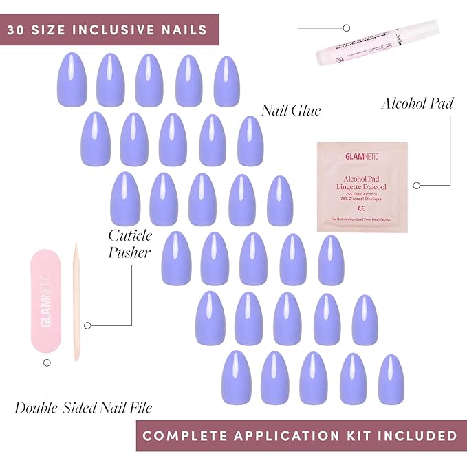 Glamnetic Press On Nails - Periwinkle | Short Almond Purple Fake Nails with Glossy Finish, Salon Quality | 15 Sizes - 30 Nail Kit with Glue