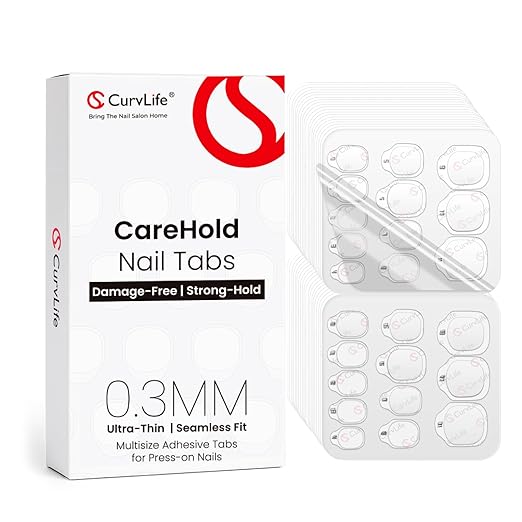 Curvlife CareHold Nail Adhesive Tabs for Press On Nails – 20 Sheets, 12 Sizes Strong Hold 0.3mm Ultra Thin Nail Glue Stickers Waterproof Breathable Double Sided Sticky Tabs, Gentle Removal