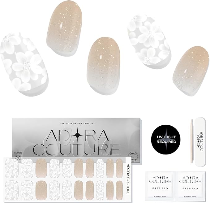 Semi Cured Gel Nail Strips with 20 Pieces - UV Gel Stickers, Manicure Kit, Easy Application Wraps Includes Prep Pads, Nail File, Wooden Stick - UV Light Required (Glazed Petals)