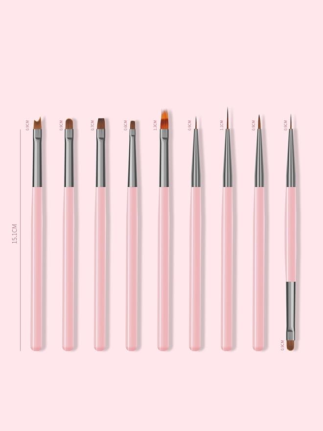 Nail Art Brushes Set, 9pcs Nail Design Painting Brushes, Professional Nail Art Design Brushes, Nail Fine Liner Brushes, Pink