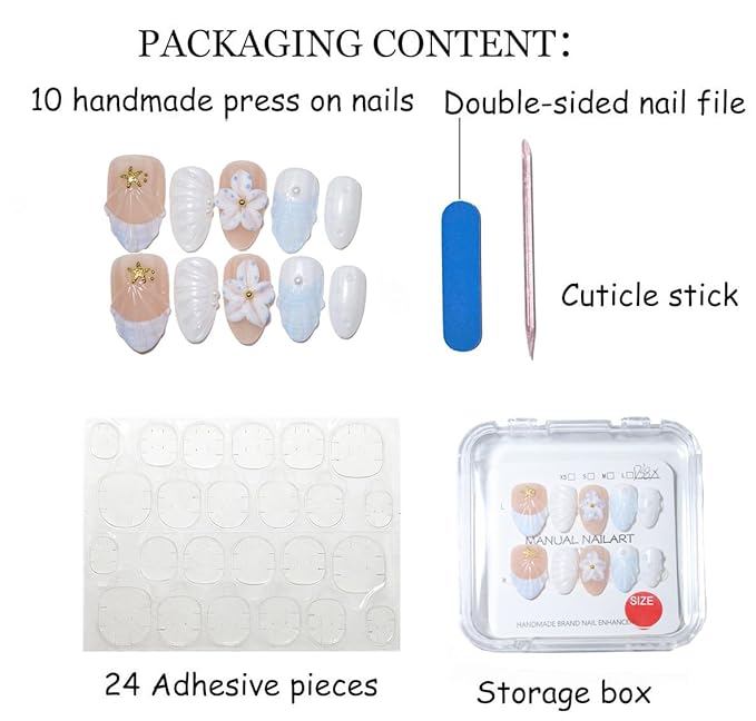10 Short Almond Handmade Press On Nails | French design with 3D Floral and Seashell | Skip Salon Trips, Easy to Apply & Remove, Reusable (251208, XS)