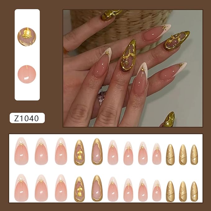 Almond Press on Nails Medium Fake Nails French False Nails Gold Artificial Nails with 3D Flowers Designs Acrylic Nail Press ons Glitter Stick on Nails for Women 24pcs
