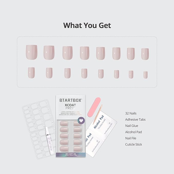 BTArtbox Press On Nails Square - Pastel Short Press On Nails with Glue for Women, Opaque Soft Gel Glue On Nails in 16 Sizes - 32 Stick On Nails Kit, Heeled Neutral