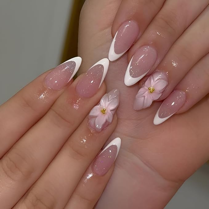 White French Tip Fake Nails Medium Almond Press on Nails 3D Flower Nails Press Ons with Rhinestones Design Glossy False Nails Glitter Glue on Nail Acrylic Stick on Nail for Women 24Pcs